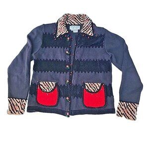 Jack B Quick Knit Black Red Leopard Chenille Trim Beaded Cardigan Sweater Sz PS